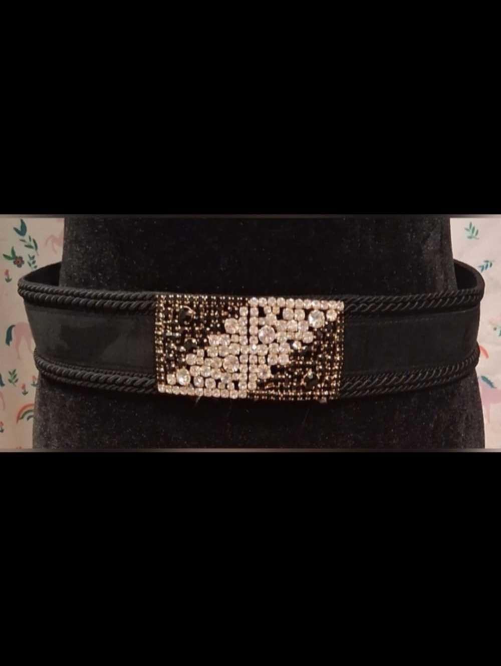 EUC Vintage 80s Gutos Black & Clear Crystal Embedded Suede Braid Rope Belt 30in